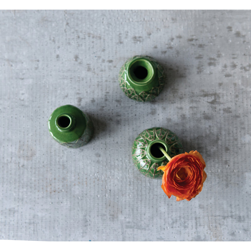 Green Embossed Stoneware Vase
